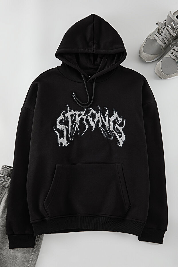 Siyah Oversize/Geniş Kesim İçi Polarlı Kapüşonlu Yazı Nakışlı Sweatshirt TMNAW24SW00029 - 8