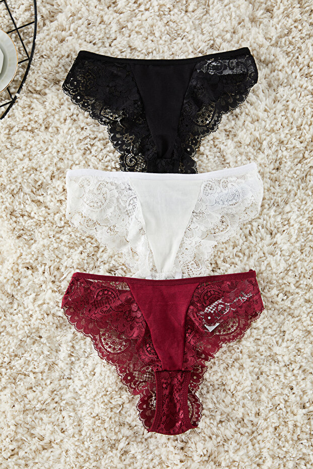 Siyah-Bordo-Beyaz 3'lü Paket Dantelli Brazilian Örme Külot THMAW25KU00013 - 8