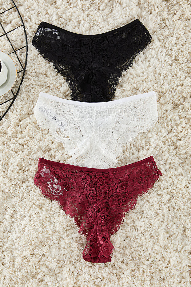 Siyah-Bordo-Beyaz 3'lü Paket Dantelli Brazilian Örme Külot THMAW25KU00013 - 10
