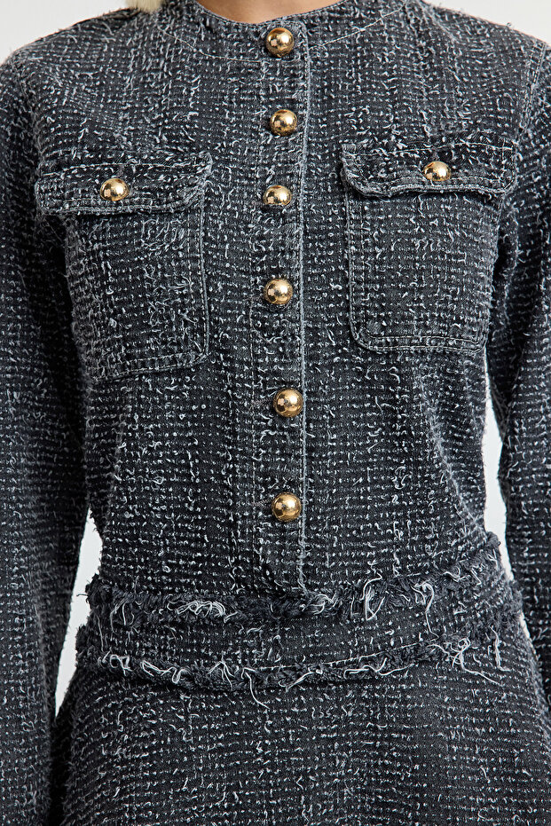 Gri Dokulu Eteği Volanlı Mini Denim Elbise TWOAW25EL00515 - 4
