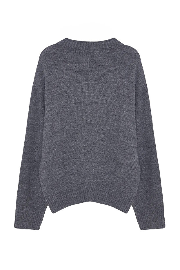 Anthrazitfarbener, locker geschnittener, weich strukturierter Strickpullover TWOAW25KZ00168 - 8