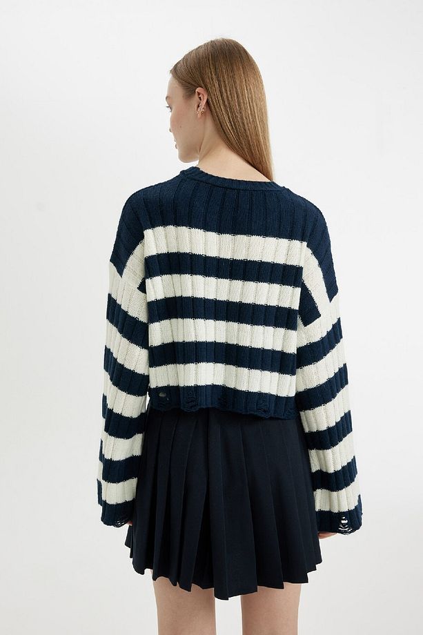 Regular Fit Çizgili Bisiklet Yaka Crop Triko Kazak A8152ax24wn - 6