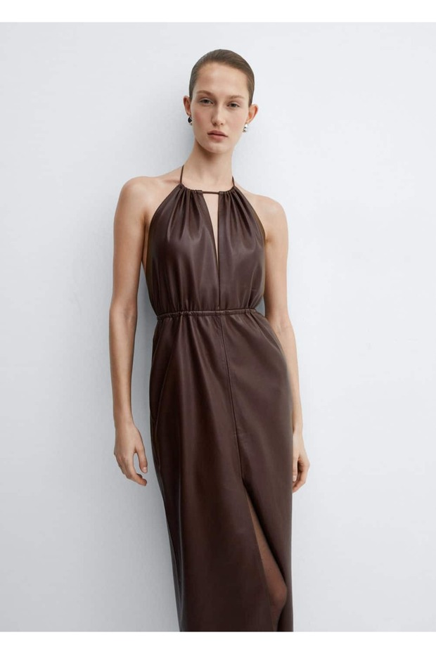 Deri görünümlü halter yaka elbise - 1