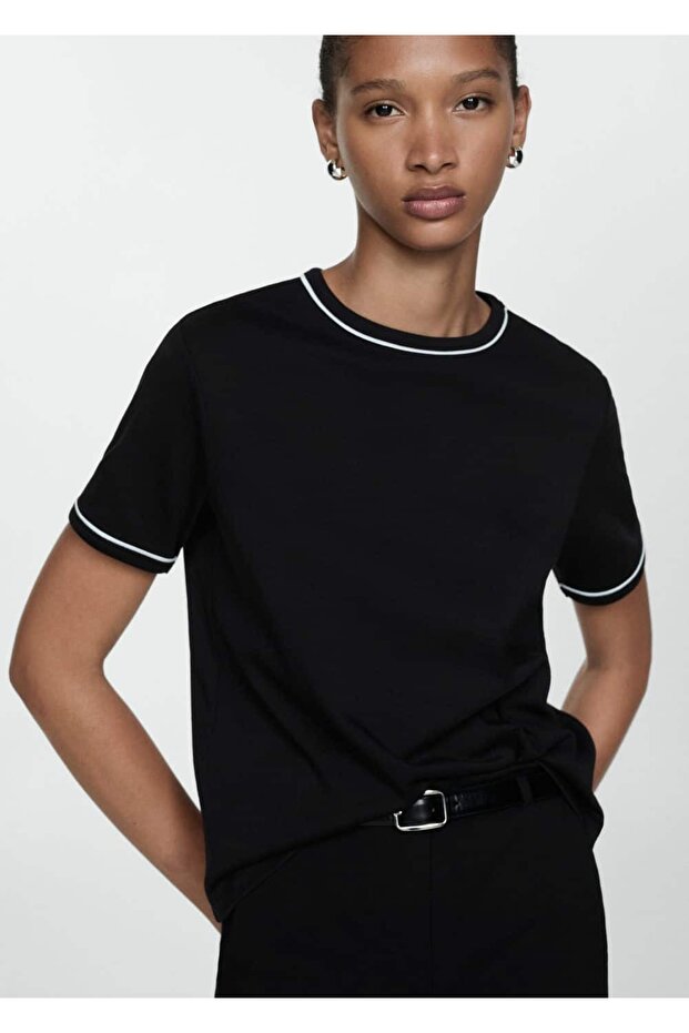 Zıt Bantlı %100 Pamuklu Tişört - 1