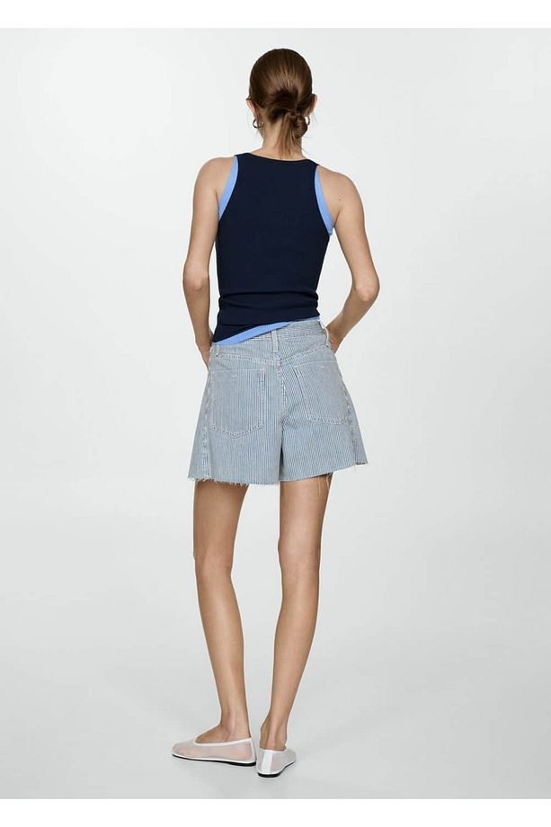 Çizgi desenli denim şort - 4