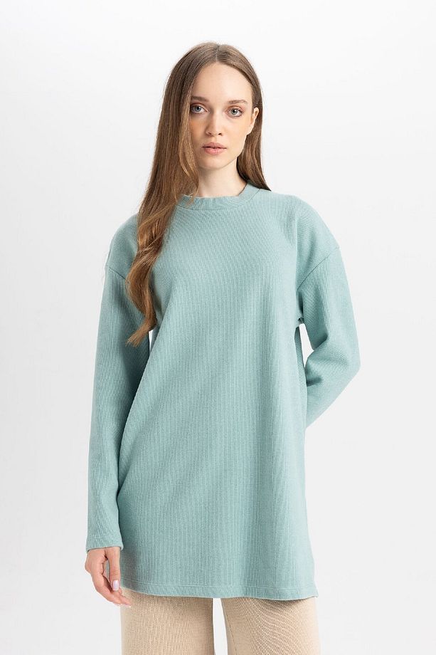 Regular Fit Bisiklet Yaka Selanik Kumaş Uzun Kollu Basic Düz Tişört Tunik B3552ax24au - 3