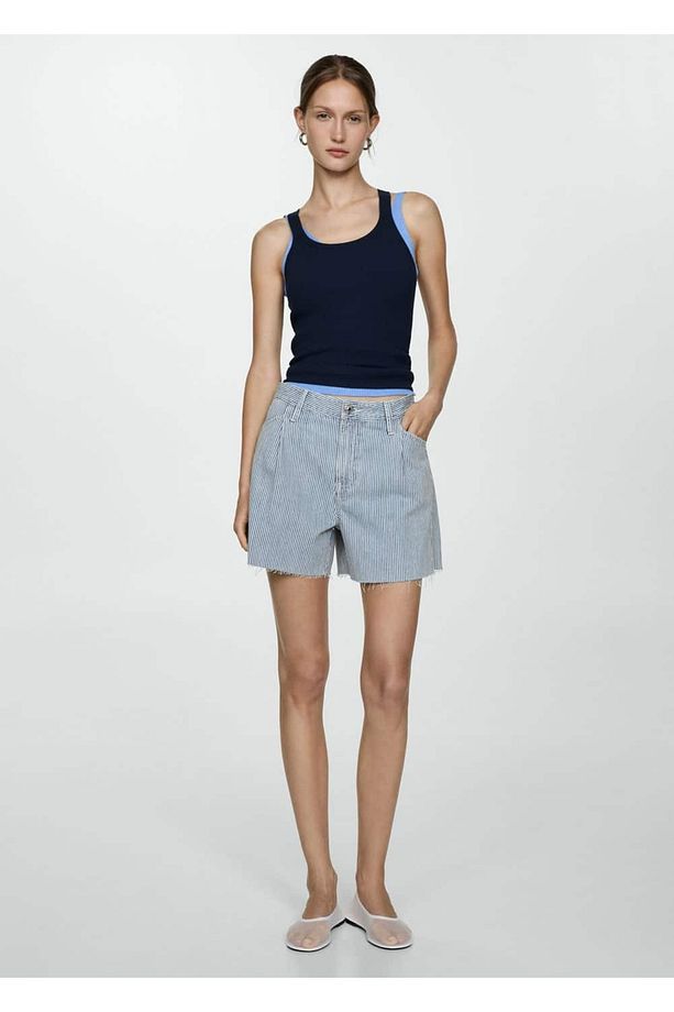 Çizgi desenli denim şort - 2