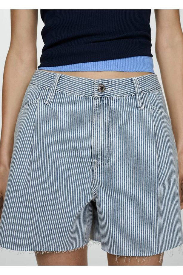 Çizgi desenli denim şort - 6