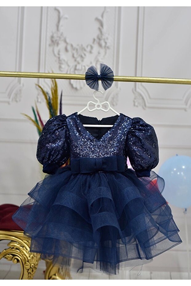 Navy Blue Sequined Fluffy Dress - Girl, Short Balloon Sleeve