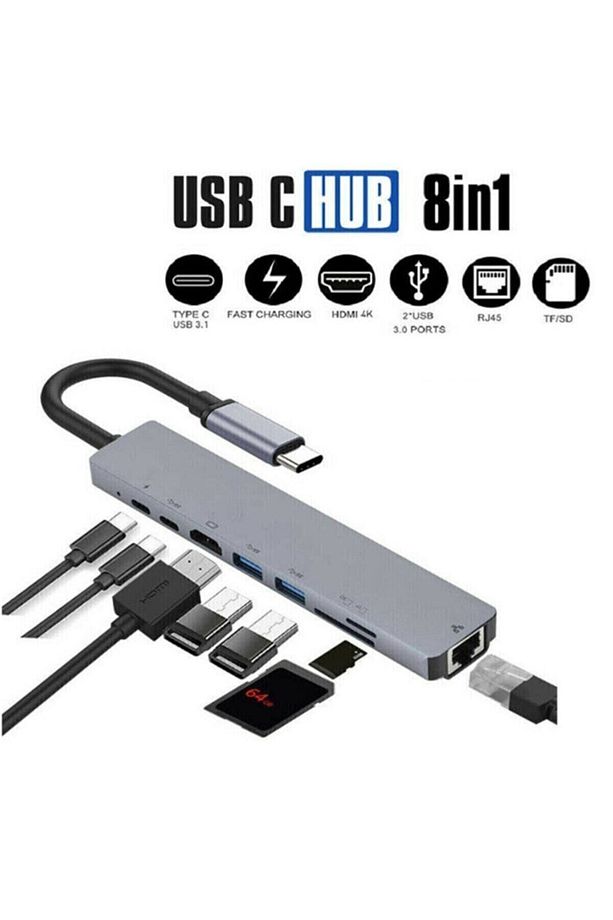 3008 Usb Type-c Hub Dönüştürücü Çevirici Çoklayıcı Usb Hdmı Micro Sd 8 Girişli - 5