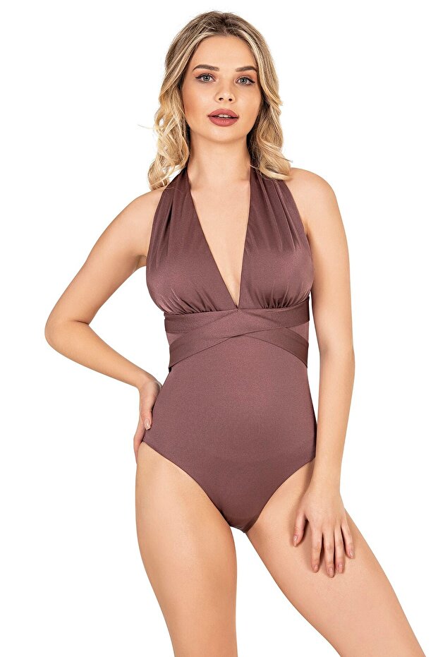 Women's Cross Belt Detailed Dusty Rose Swimsuit