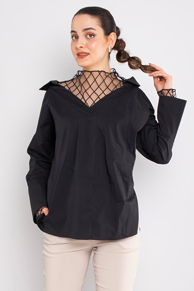 50284 Mesh Detail Cotton Long Sleeve Shirt