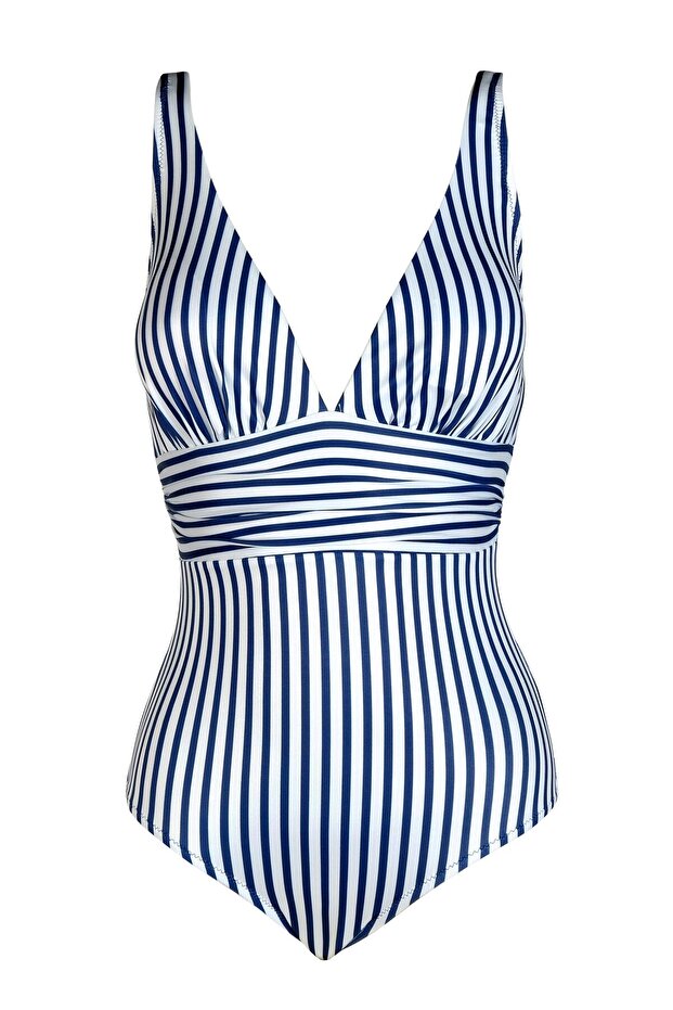 Blue and White V-neck - Draped Recovery Women's Swimsuit