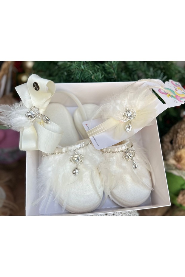 Stoned Mother Baby Bandana Brooch Feathered Bride Maternity Crown Slippers Set Women's Crown Slippers White