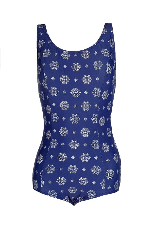 Beria Women's Large Size Cuped Blue and White Patterned Swimsuit
