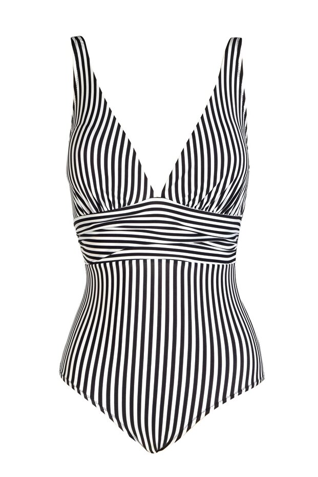 White and Black V-neck - Draped and Recovery Women's Swimsuit