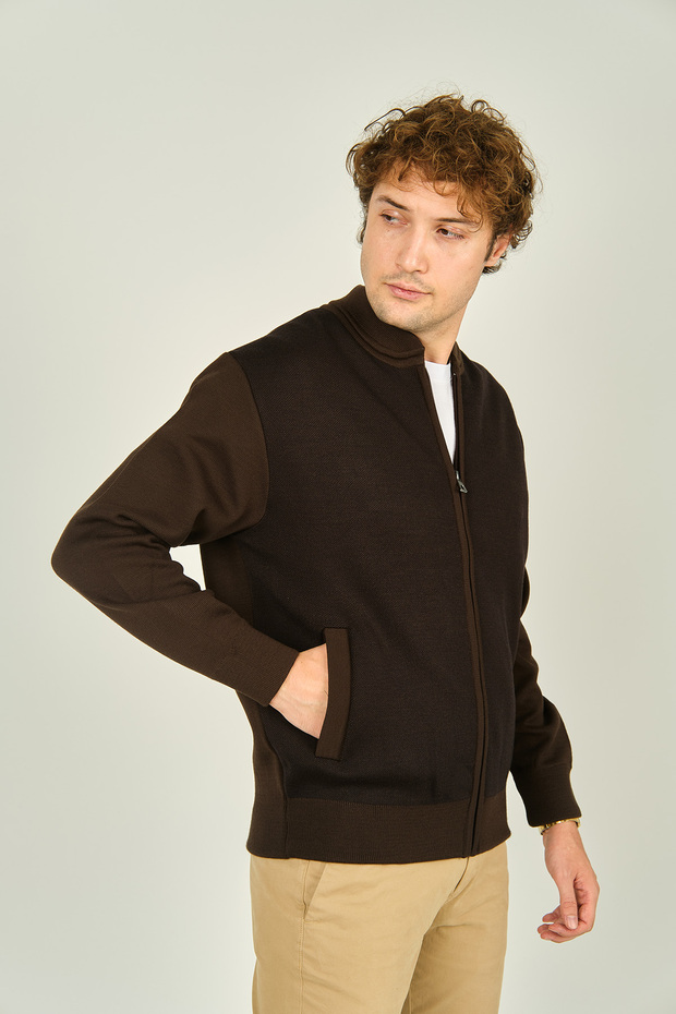 Men's Zippered Double Pocket Judge Collar Knitwear Wool Coat 9050 Brown