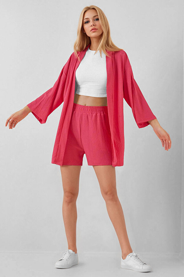 Pink Kimono Shorts Knitted Set
