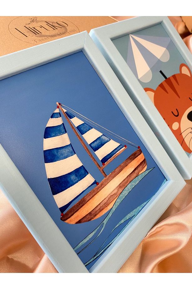 Ahşap Bebek Mavisi Renkli Tablo Kaplan&Tekne Tablo 2'li Set  Bebek ve Çocuk Odası Set - 2