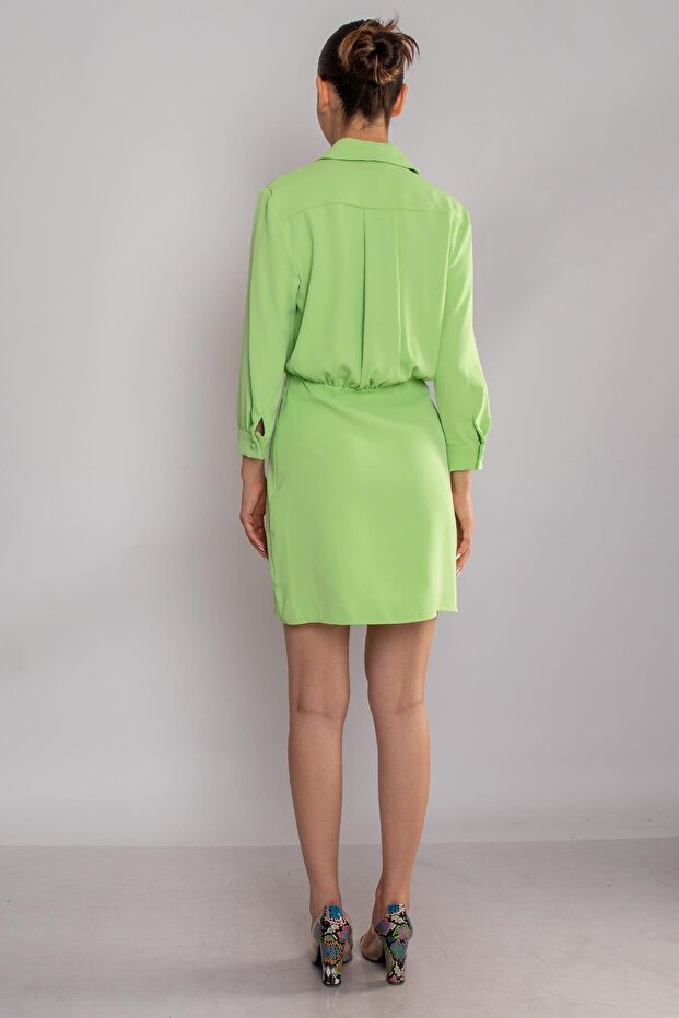 61853 Uzun Kol Drapeli Kısa Elbise - 4