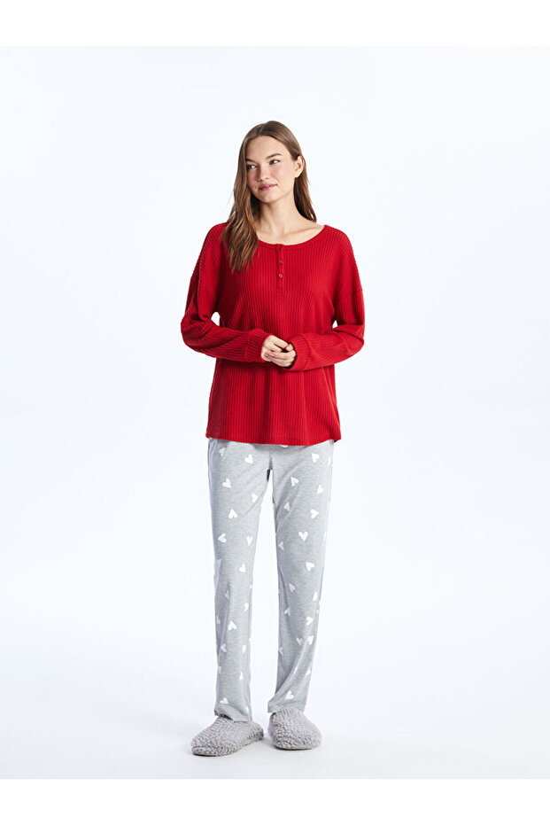 Bisiklet Yaka Düz Uzun Kollu Kadın Pijama Üst - 2