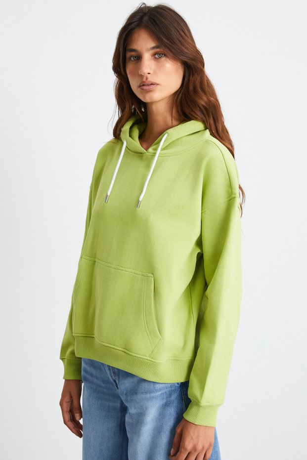 Keila Women's 3-Thread Embroidered Ornament Label Detailed Hooded Pistachio Green Sweatshirt