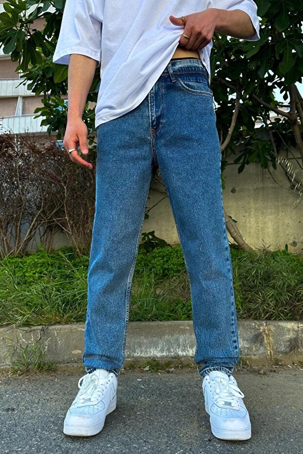 Blue Textured Blue Basic D53 Boyfriend Pants