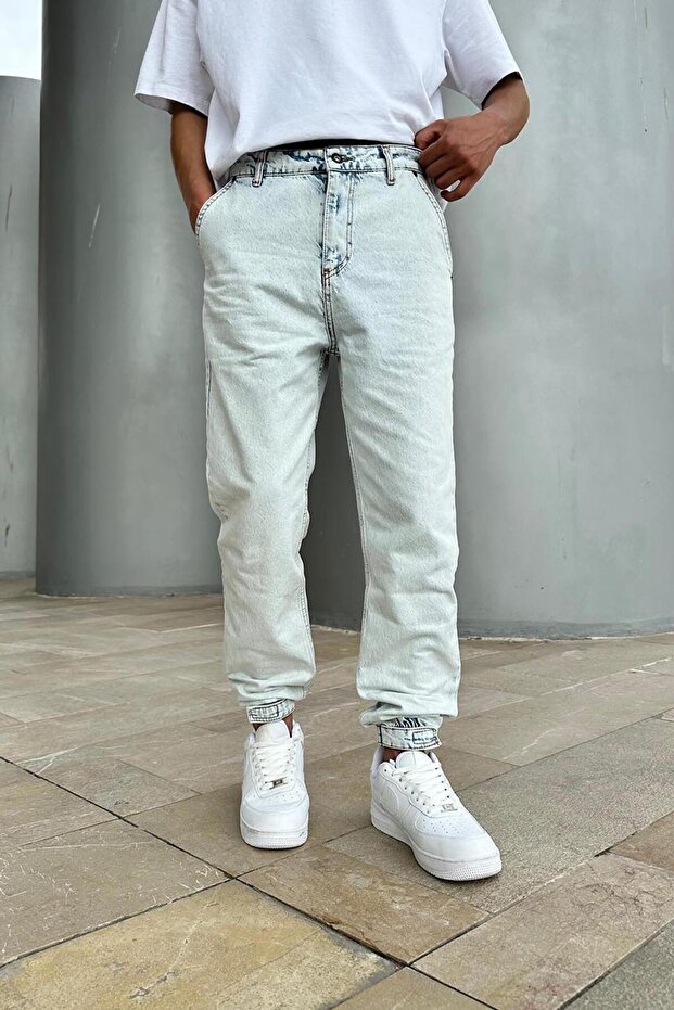 Light Ice Blue Leg Rubber Detail Boyfriend Trousers