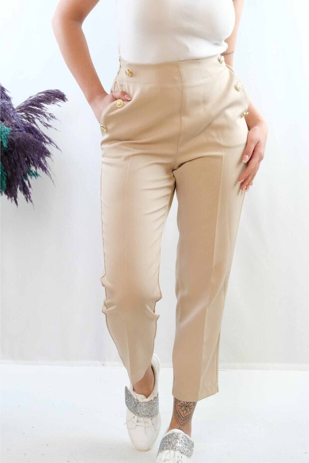 Fashionable Striped High Waist Trousers with Button Accessories Beige