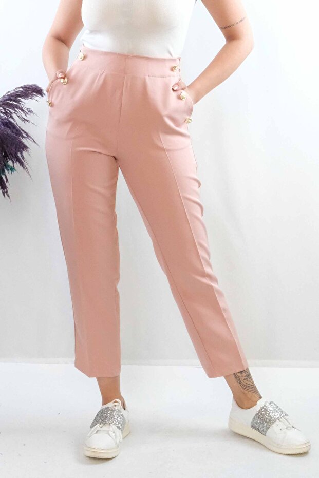 Fashionable Stripe Button Accessory High Waist Trousers Powder