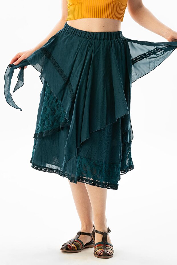 Cluster Voile Lace Fringed Long Summer Authentic Skirt Petrol Ptrl