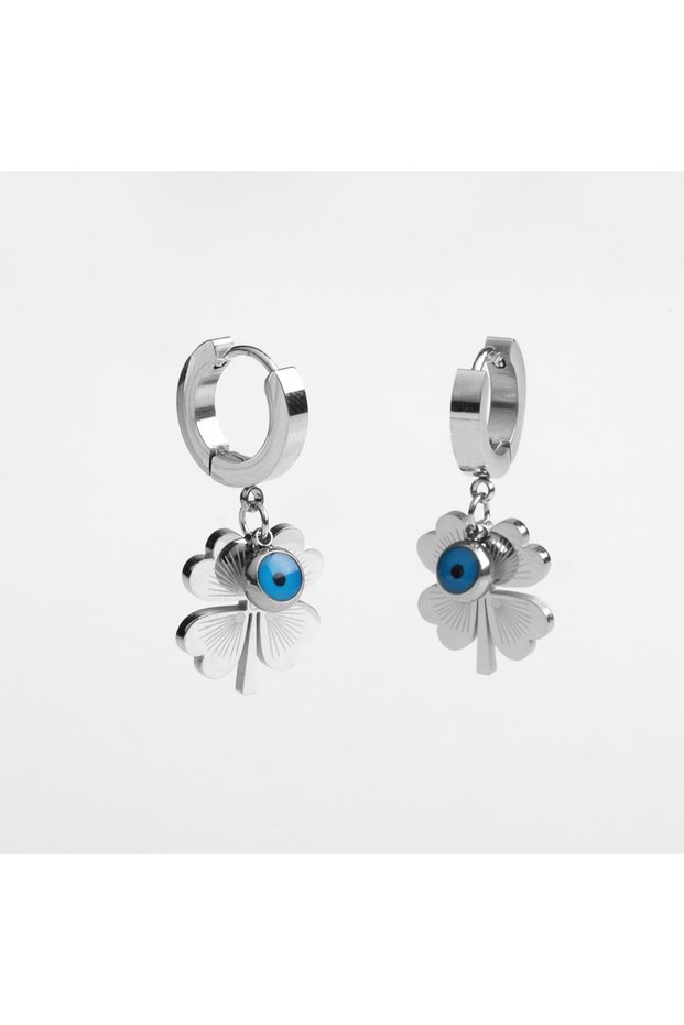 Silver Color Steel Women's Earrings - Evil Eye Bead Detail, Clover Model No:38