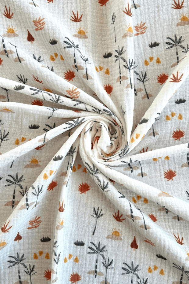 Palm Tree Patterned Double Layer Cotton Muslin Fabric / Dry 141 - 2
