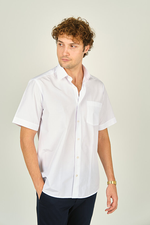 Men's Short Sleeve Single Pocket Detailed Cotton Shirt 1000 White