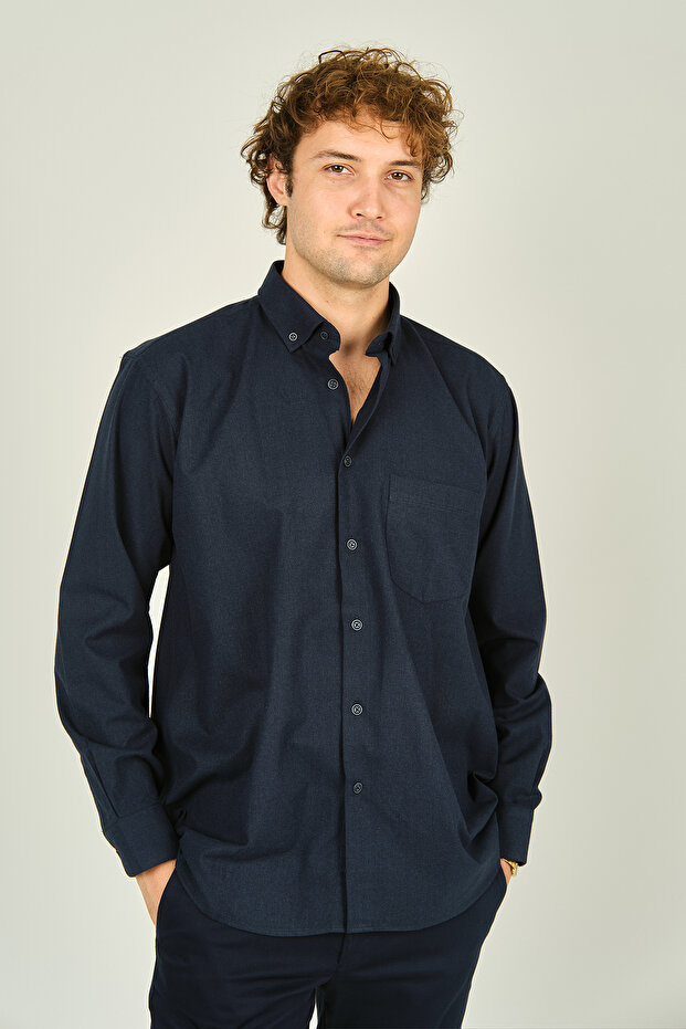 Mugi Men's Long Sleeve Single Pocket 100% Cotton Shirt 4100 Navy Blue