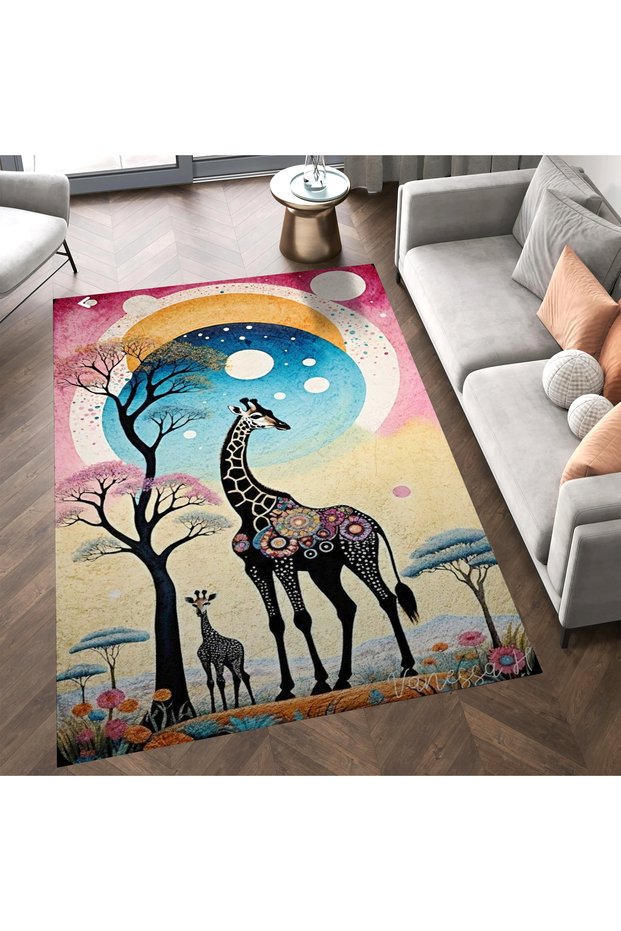 Lina Collection Multicolored Sky and Giraffe Patterned Woven Base Modern Decorative Carpet Lina25
