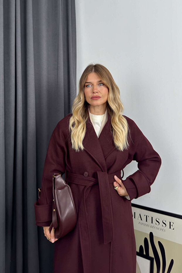 Burgundy Double Breasted Lined Belted Buttoned Oversize Wool Coat