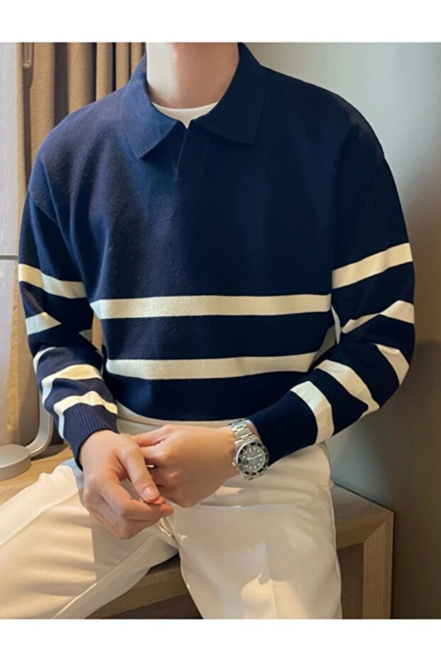 Navy Blue Men's Polo Neck Striped Cool Style Knitwear Sweater