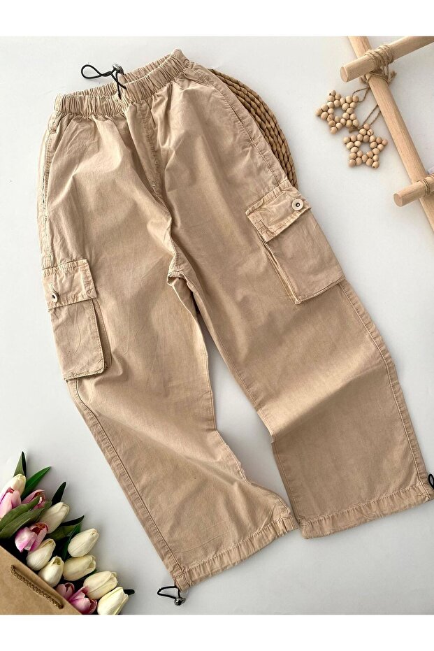 My Little Girl's Linen Trousers with Drawstring Pockets - Beige