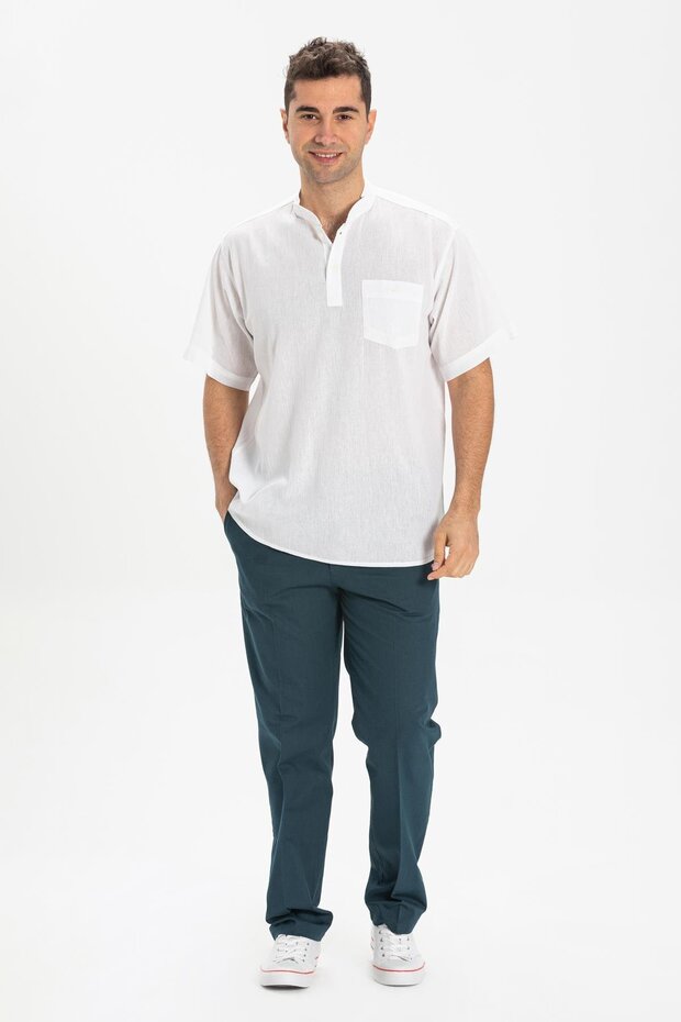 Short Sleeve Şile Cloth Single Pocket Judge Collar Men's Summer Tshirt White 3001