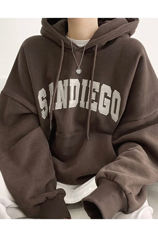 Brown Sandiego Printed Hooded Oversize Sweatshirt