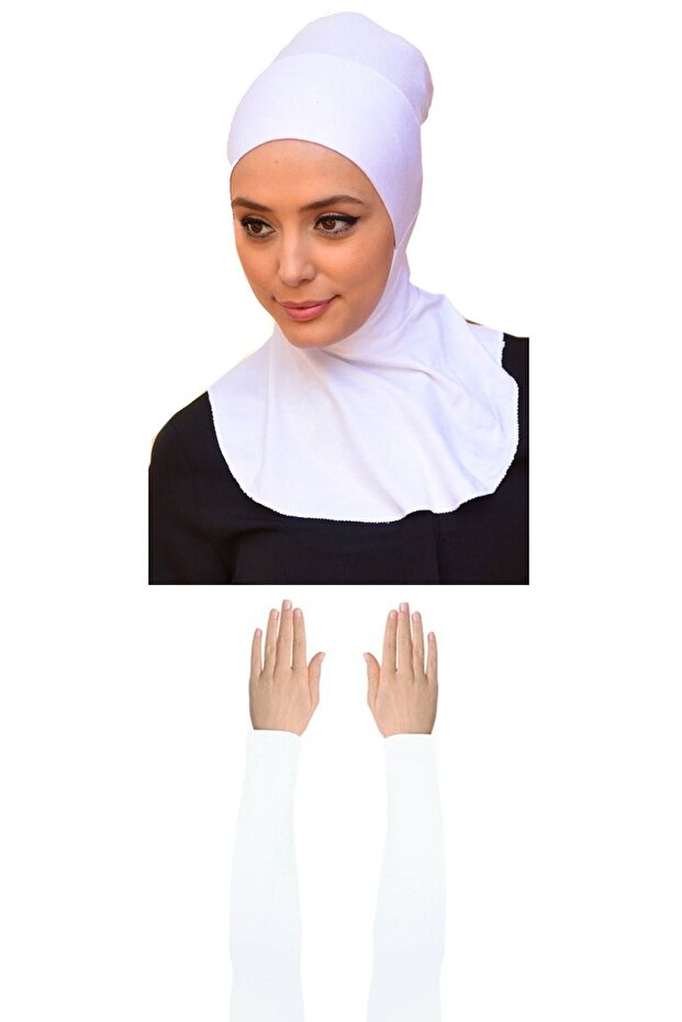 Women's Jersey Prayer Sleeves with Neck Warmer and Bonnet, 2-Piece Set, White