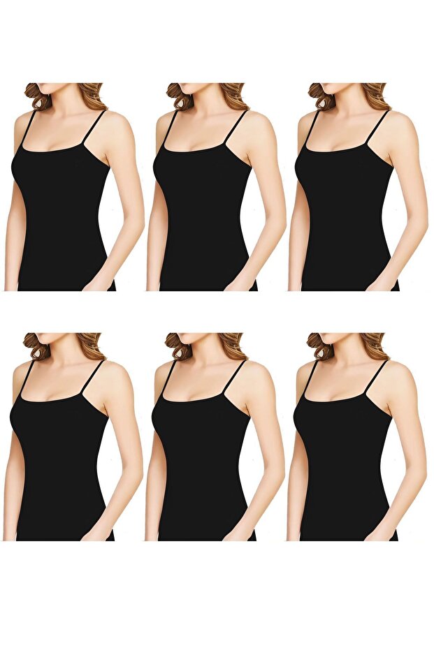 Women's Black Cotton Tank Top with String Straps, Set of 6