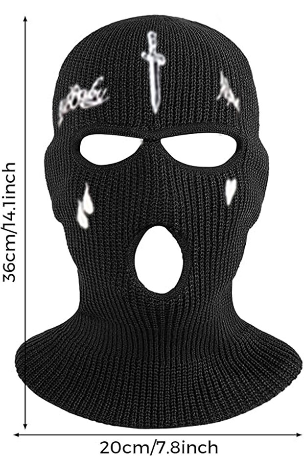 Knitted Unisex Snow Mask with Sword Teardrop Embroidery Black