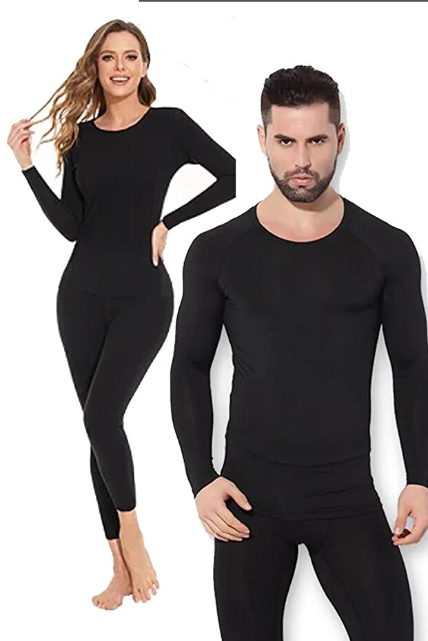 Unisex Thermal Underwear Top and Bottom Set Beanie Set Black