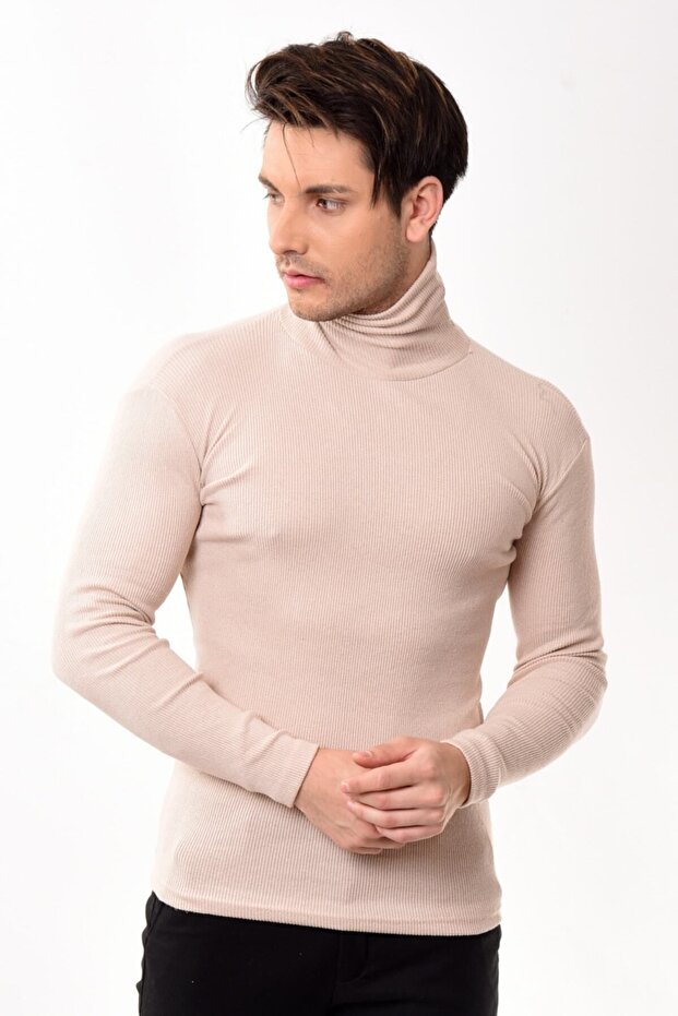 Men's Turtleneck Turtleneck Slim Fit Sweater Beige