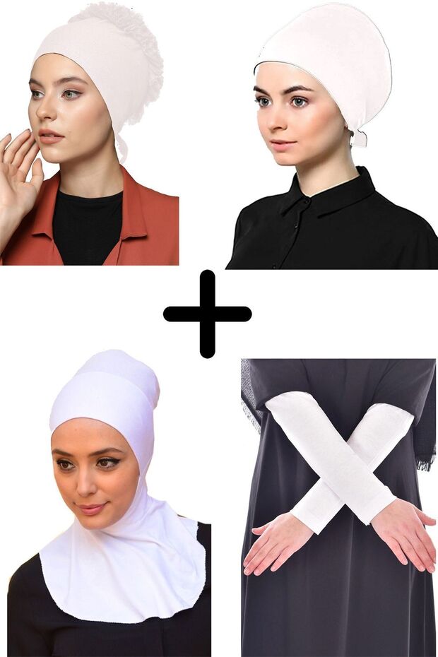Women's Cotton Neck Jersey , Prayer Bonnet, Ruffled Bonnet, Plain Bonnet, White, 4-Piece Set