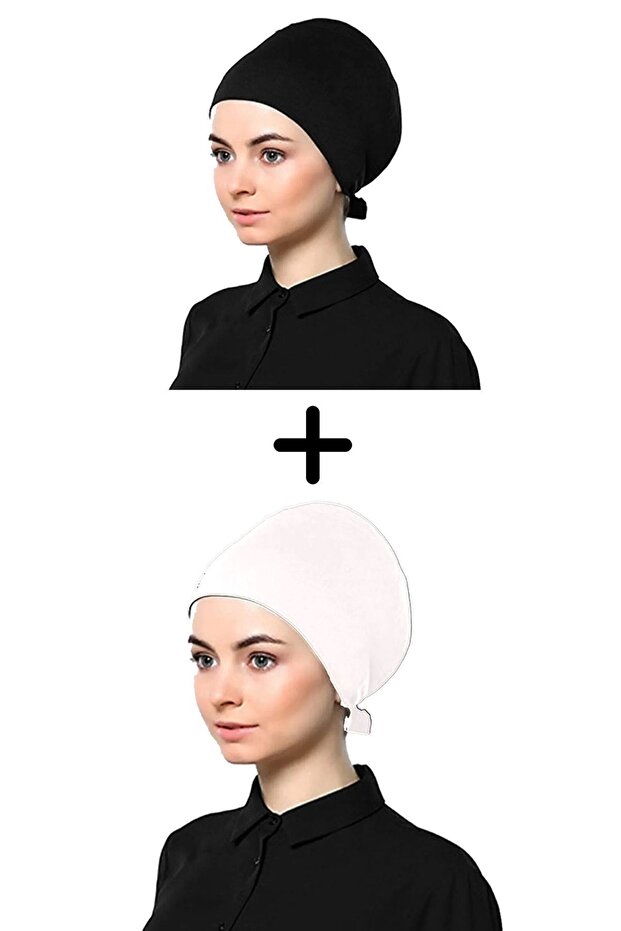 Women's Jersey Tie-Detail Plain Bonnet, Black and White, Set of 2