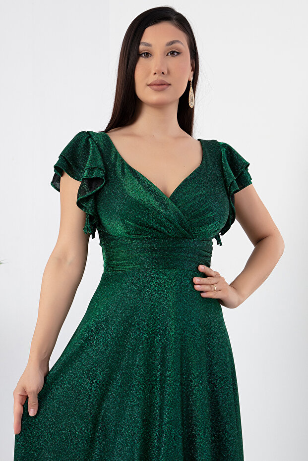 Kol Volanlı Simli Abiye Elbise 39925 - 2