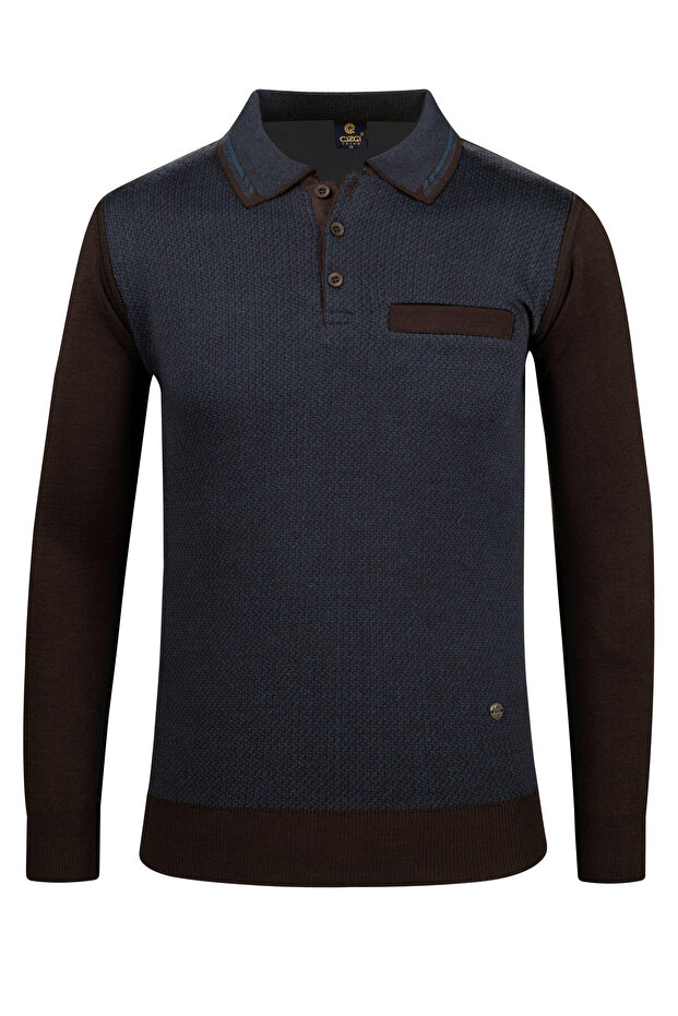 Men's Polo Neck Knitwear Brown Sweater Patterned Steel Knit Classic Fit - 5014F